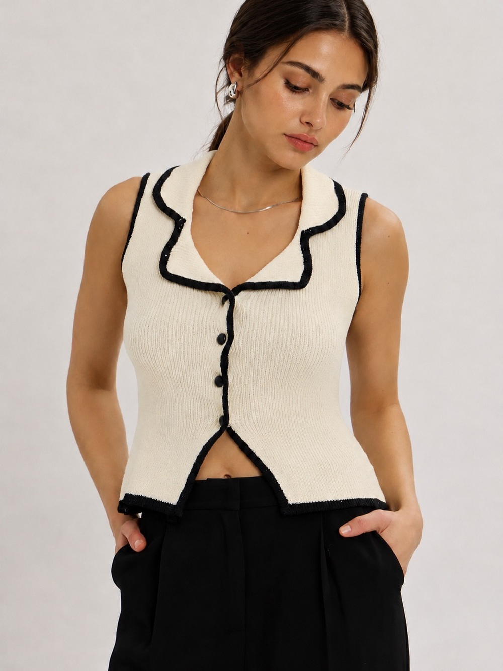 Cream Knit Sleeveless Button-Front Top with Black Trim